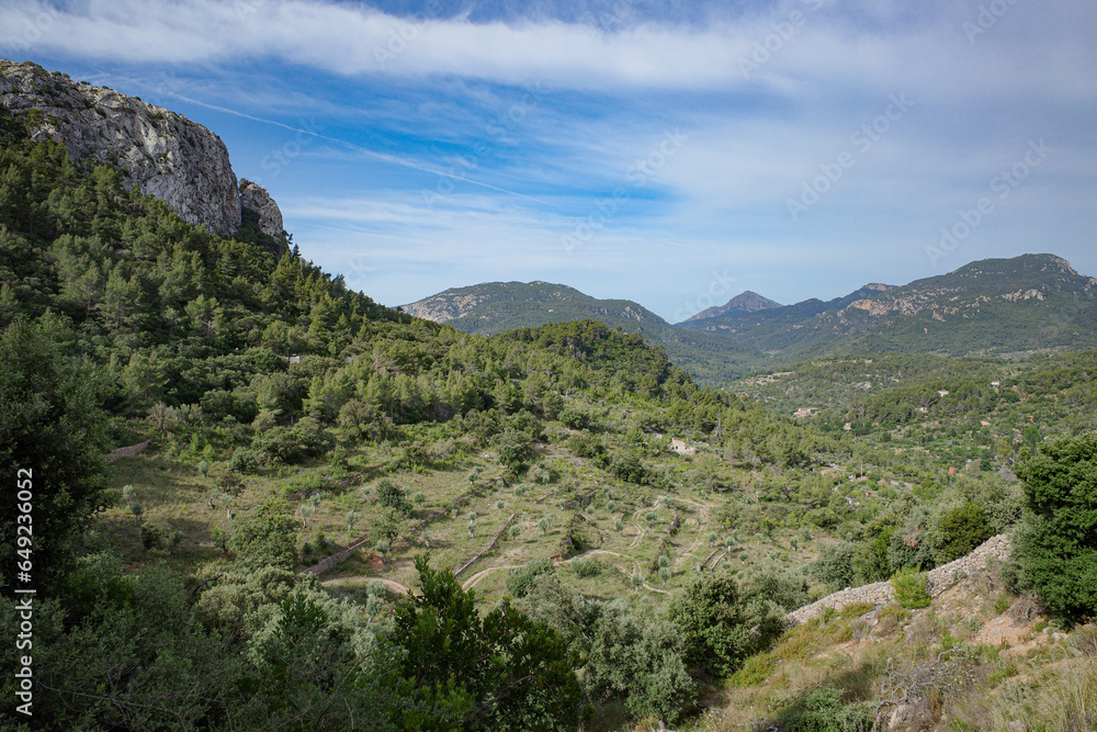Esporles, Spain - 11 June, 2023: Views of the Tramuntana Mountains from the GR221 trail, Esporles, Mallorca