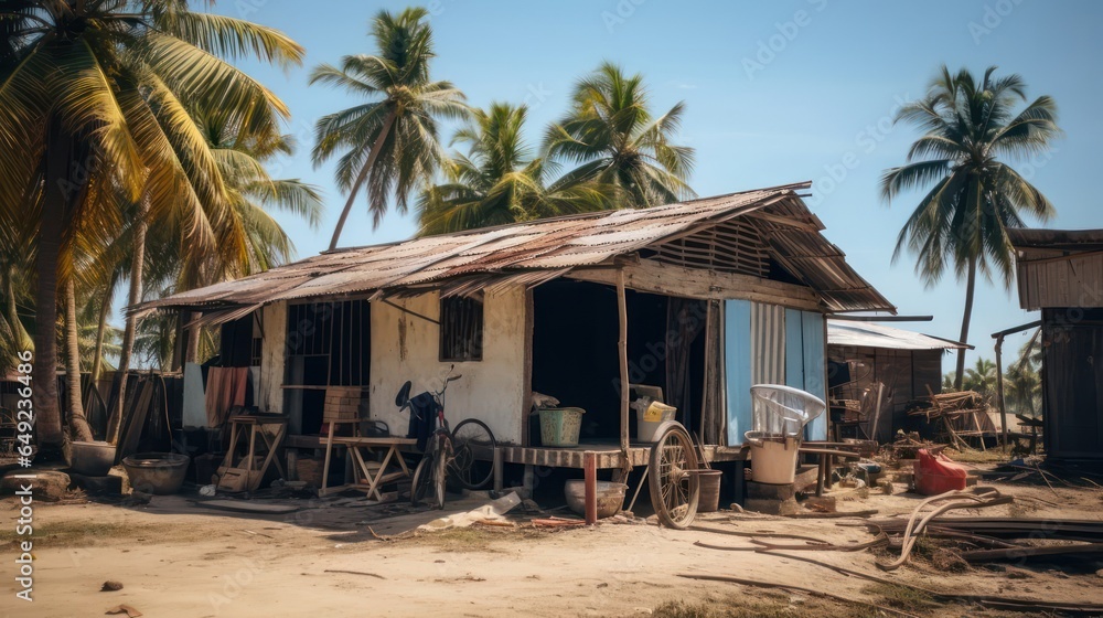 Filipino single storey dilapidated poor wooden house surrounded by coconut trees, very poor family sitting in the yard