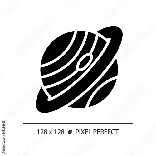 Saturn pixel perfect black glyph icon. Ring planet. Deep space. Planetary astronomy. Science project. Solar system. Silhouette symbol on white space. Solid pictogram. Vector isolated illustration