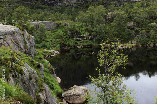 Beautiful natural vacation hiking walking travel to Preikestolen massive cliff Norway, Lysefjorden