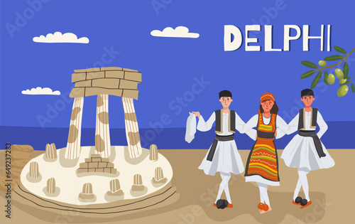 Vector illustration of hand drawn landmarks, attractions and symbols of Greece in doodle style. Characters people dance sirtaki. Tourism, travel.