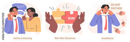 Conflict management set. Character with conflict resolution skill. Person