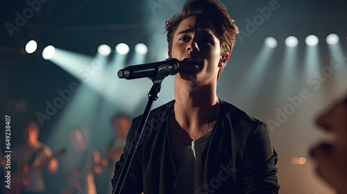 Handsome young male singer holds a microphone stand and performs on a concert stage.