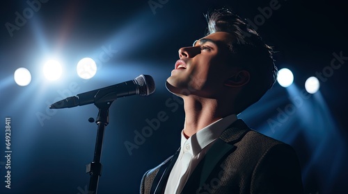 Handsome young male singer holds a microphone stand and performs on a concert stage.