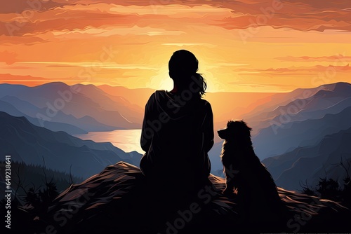woman and dog silhouette sit on a cliff mountain view