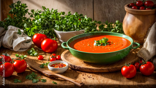 Tomato cream soup on old background