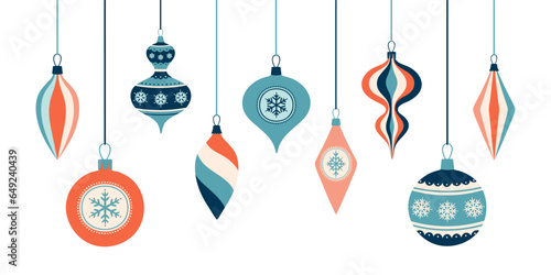 Set of Christmas retro balls. Hand drawn baubles. Xmas holiday decoration elements.
