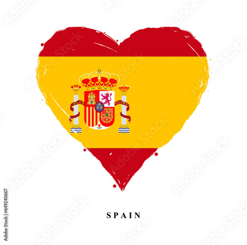 Vector Spain flag in heart shape with grunge texture. Heart shaped Spanish flag isolated on white background. Beautiful design country flag of Spain for banner, poster, sticker, print. Vector