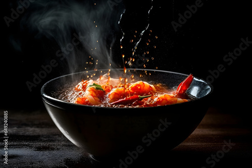 Shrimps in sauce in a bowl on a dark background with copy space