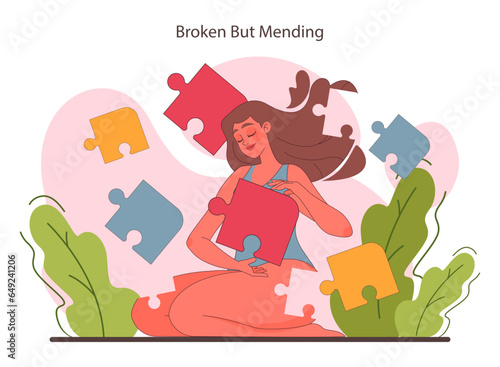 Resilience. Broken female character mending herself. Mental