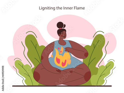 Resilience. Mindfull female character with an inner flame. Mental