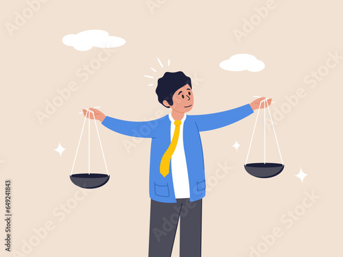 Decision or balance concept. Comparison advantage and disadvantage, integrity or honest truth, pros and cons or measurement, judge or ethical, businessman comparing scale to be equal, fair measuring.