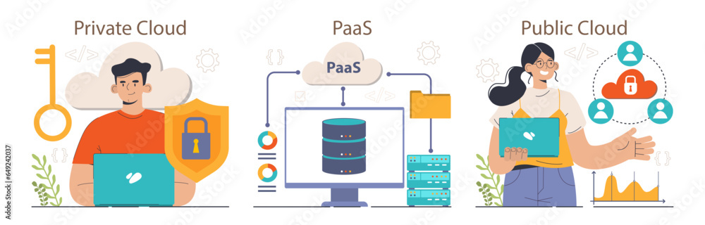 Cloud technology set. Big data storage and exchange. Cloud computing Cloud technology set. Big data storage and exchange. Cloud computing