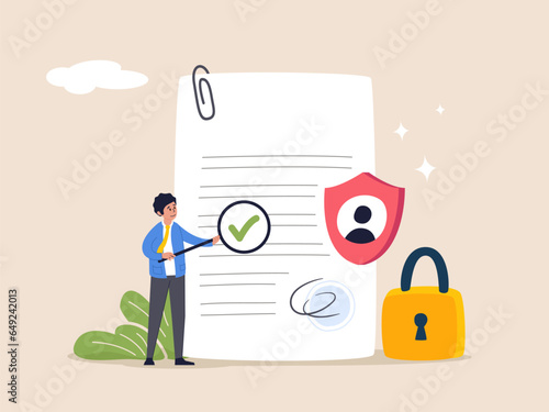 Terms and conditions concept. Man inspecting document. Search for errors, bugs privacy policy, protection of personal data, account security. Vector illustration in flat design.