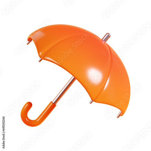 Open rain umbrella 3d render illustration. Cartoon icon of autumn and rainy weather orange  for seasonal design.