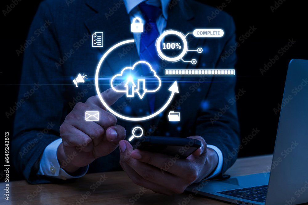 business man hand pointing on virtual online cloud computing icon diagram on mobile smart phone, document management system, digital marketing, business finance, internet, network technology concept business man hand pointing on virtual online cloud computing icon diagram on mobile smart phone, document management system, digital marketing, business finance, internet, network technology concept