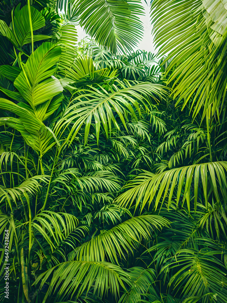 beautiful green jungle. lush palm leaves of a palm tree in an exotic tropical forest. wild tropical jungle. generative AI beautiful green jungle. lush palm leaves of a palm tree in an exotic tropical forest. wild tropical jungle. generative AI