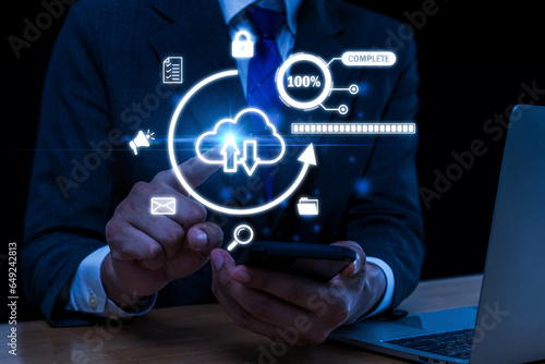 business man hand pointing on virtual online cloud computing icon diagram on mobile smart phone, document management system, digital marketing, business finance, internet, network technology concept