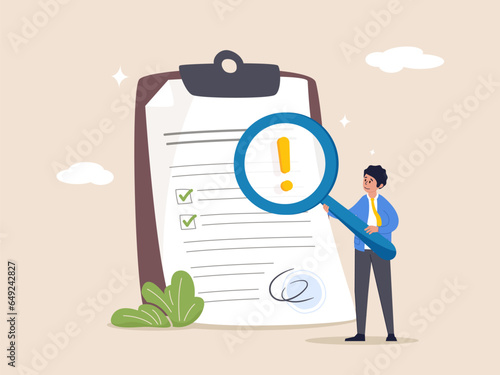 Business analysis concept. Audit, professional check of documentation, investigation, inspection. Man holding magnifying glass and examining document. Modern flat colorful vector illustration.