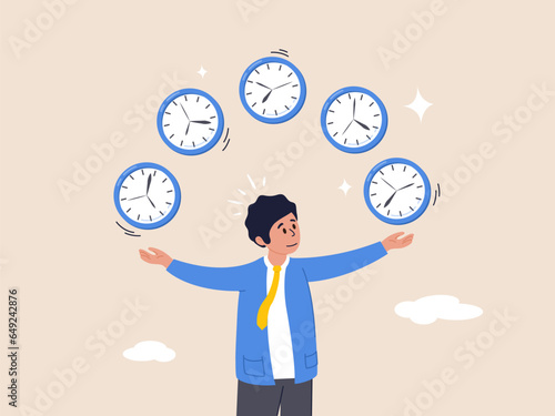 Time management concept. Punctuality or work deadline, schedule plan or reminder, productivity expert or timer countdown, expertise, confidence businessman expert juggling clock in difference time.