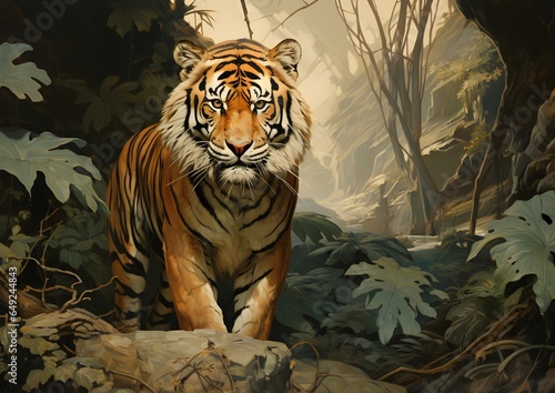 Tiger in the woodlands forest, oil painting, artwork, landscape, wall art