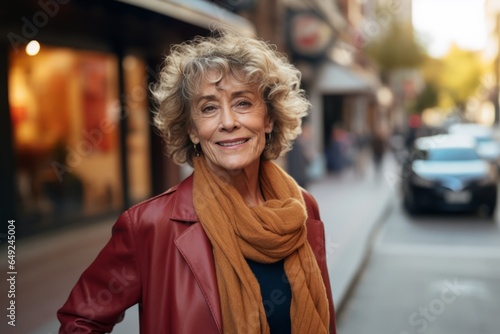 Portrait of happy senior woman in coat and scarf on the street