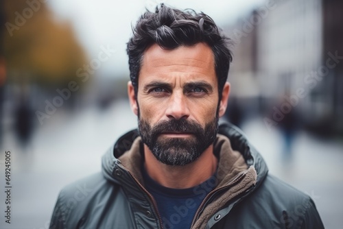 Portrait of handsome man with beard and mustache in urban background. © Learoy