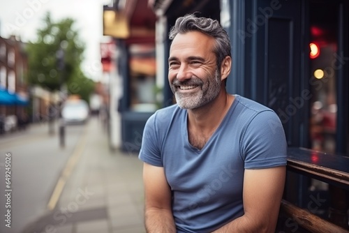Portrait of handsome middle-aged man smiling at the camera outdoors © Learoy