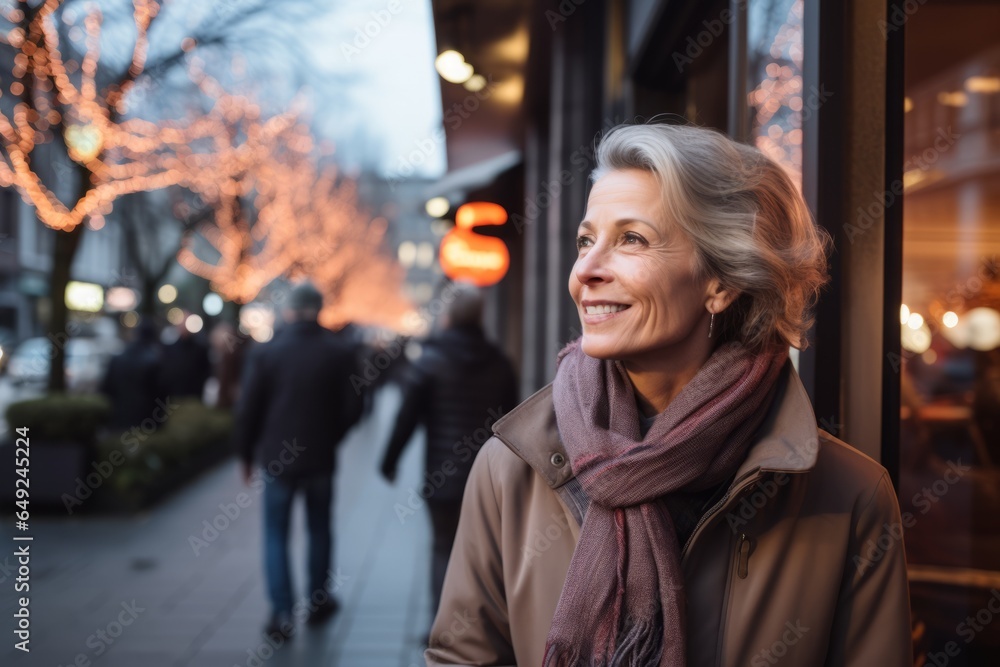 Portrait of smiling senior woman in coat and scarf on city street Portrait of smiling senior woman in coat and scarf on city street