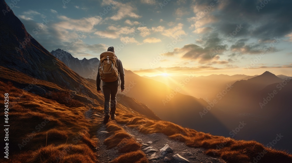 A mountain climber with a backpack walks up the mountains. Perfect for outdoor and travel related projects, showcasing exploration and adventure.