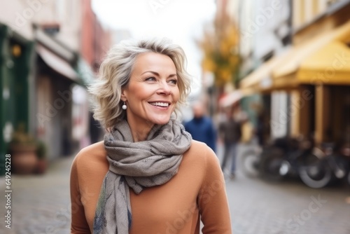 Portrait of a beautiful middle aged woman in the city, wearing a scarf and smiling