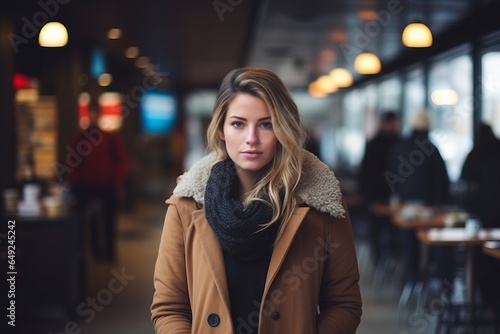 Portrait of a beautiful young woman in winter coat at the cafe © Learoy