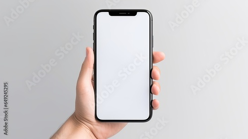 Smartphone with a plain white screen is being held by someone in his left hand. Suitable for technology-themed design mockups, mobile app advertisements and smartphone accessory promotional material photo