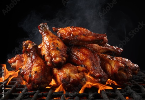 Chicken wings smeared with burning hot sauce and smoking on the grill on black background. Perfect for adding fiery and appetizing elements to restaurant menus, food blogs, or barbecue-themed designs. photo