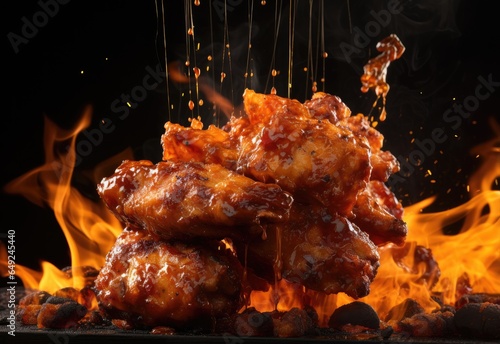 Chicken wings falling and burning on grill, bbq, barbeque. Perfect for adding fiery and appetizing elements to restaurant menus, food blogs, or barbecue-themed designs.