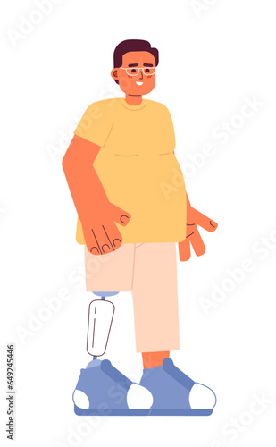Overweight man with prosthetic leg 2D cartoon character. Happy eyeglasses man with artificial leg isolated vector person white background. Disabled adult guy standing color flat spot illustration