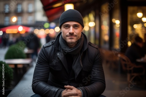Portrait of a handsome young man in a black jacket and hat sitting in a cafe on the street.