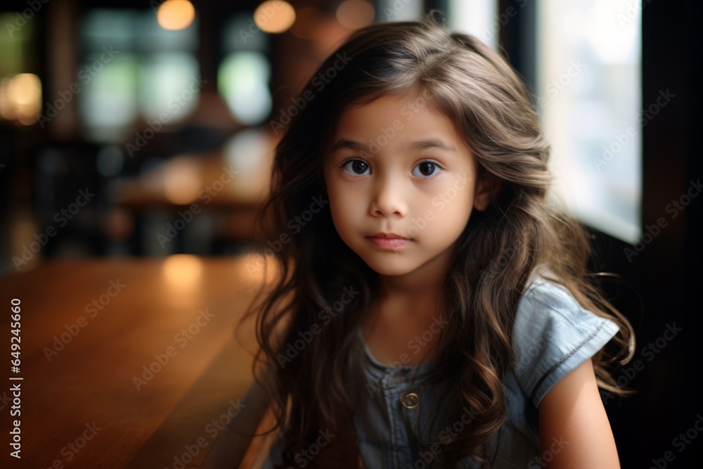 Portrait of a beautiful little girl with long hair in a cafe. Portrait of a beautiful little girl with long hair in a cafe.