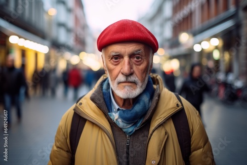 Portrait of an old man with a gray beard and a red cap on the streets of the city. © Learoy