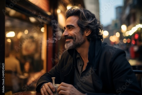 Handsome bearded man smoking a cigarette while sitting in a cafe