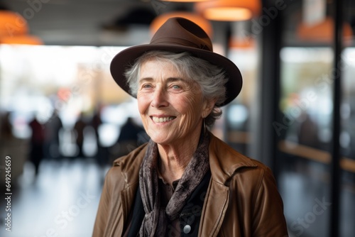Portrait of happy senior woman in hat and coat at shopping mall © Learoy