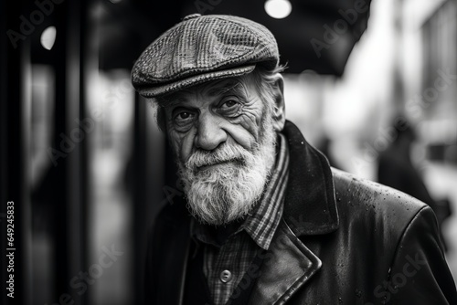 Portrait of an old man with a long gray beard and a cap. Black and white.