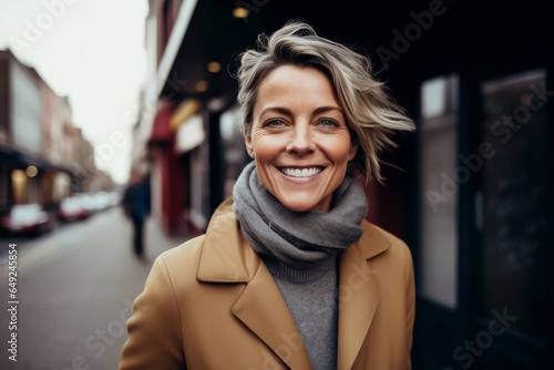 Portrait of a smiling middle aged woman in a beige coat and gray scarf on a city street.