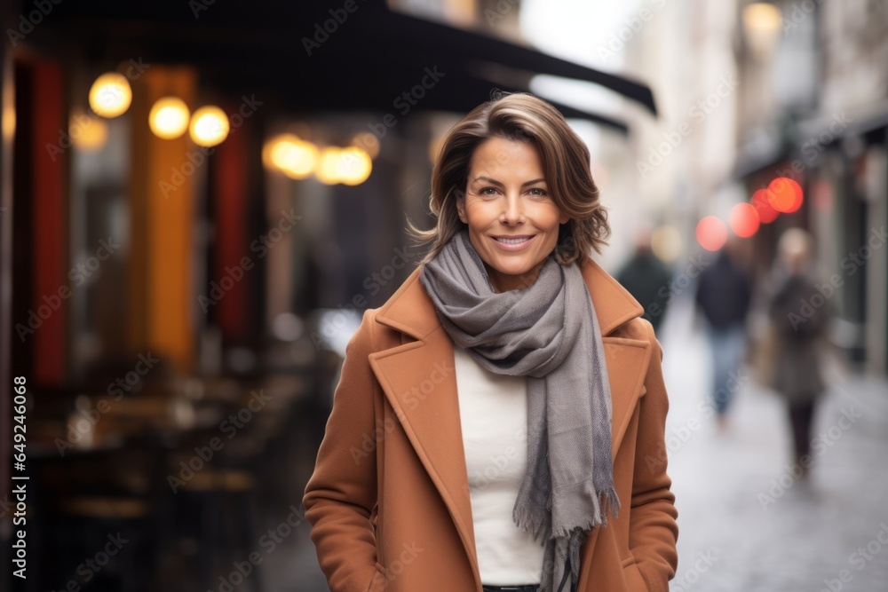Portrait of a beautiful middle-aged woman in a beige coat and gray scarf on a city street.