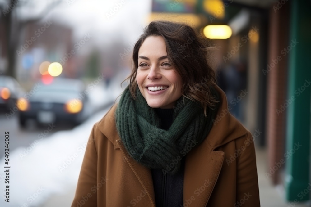 Portrait of a beautiful young woman in winter coat and scarf smiling Portrait of a beautiful young woman in winter coat and scarf smiling