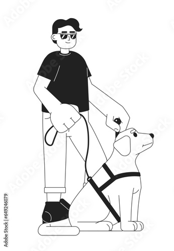 Guide dog for blind man black and white 2D cartoon character. Hispanic blind man sunglasses isolated vector outline person. Cool guy with visual impairment monochromatic flat spot illustration