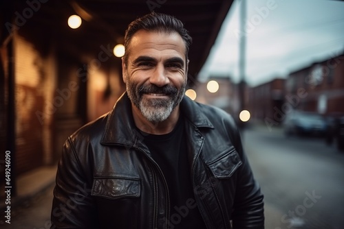 Portrait of a handsome mature man in a leather jacket on the street.
