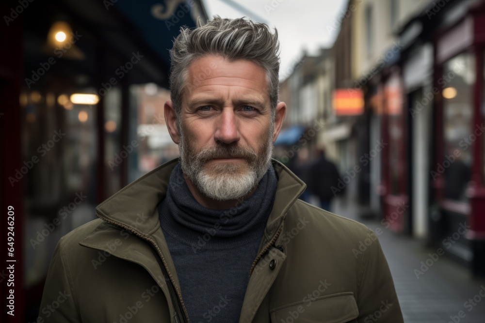 Portrait of a handsome middle-aged man with gray beard and mustache in the city. Portrait of a handsome middle-aged man with gray beard and mustache in the city.
