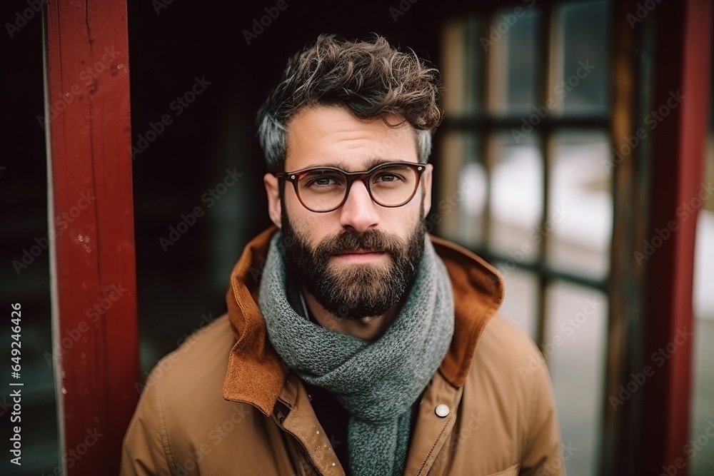 Obraz premium Portrait of a handsome bearded man wearing glasses and a warm scarf