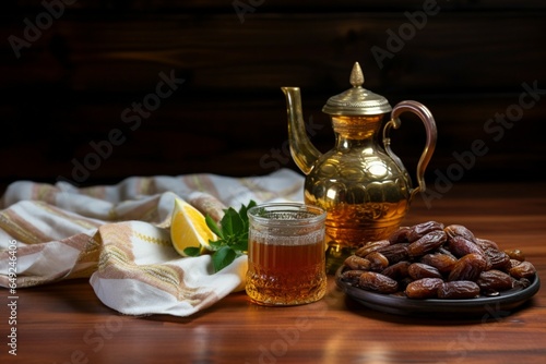 Preparing Ramadan iftar A tea pot  dates  and traditional food on wooden background